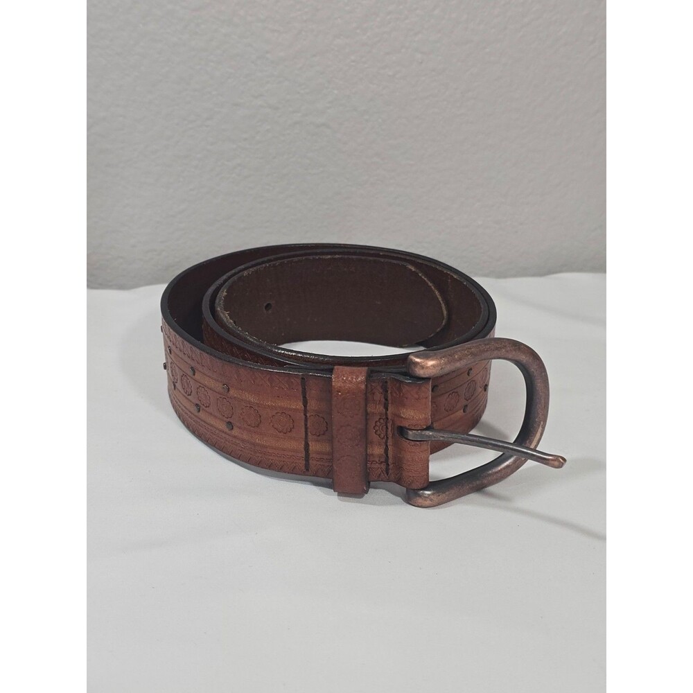 VTG Fossil Brown Tooled Leather Belt Womens Floral Medallion Studded Medium y2k